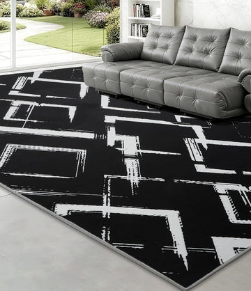 Black Modern Geometric Area Rug 8x10, Black and White Rug with Abstract Diamond Patterns,Non-Shedding Washable Rugs