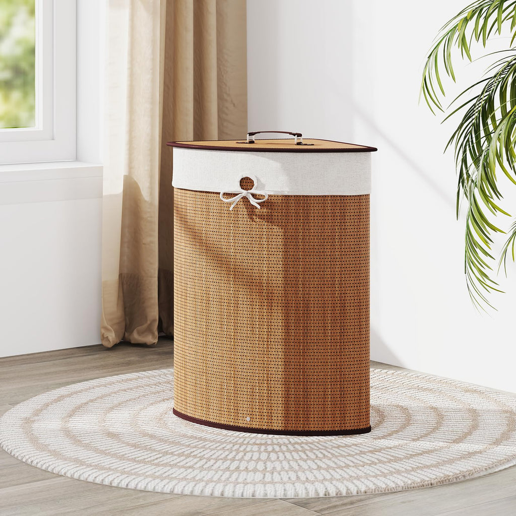 58 L Corner Laundry Hamper with Lid, Removable Liner, Handle Bamboo