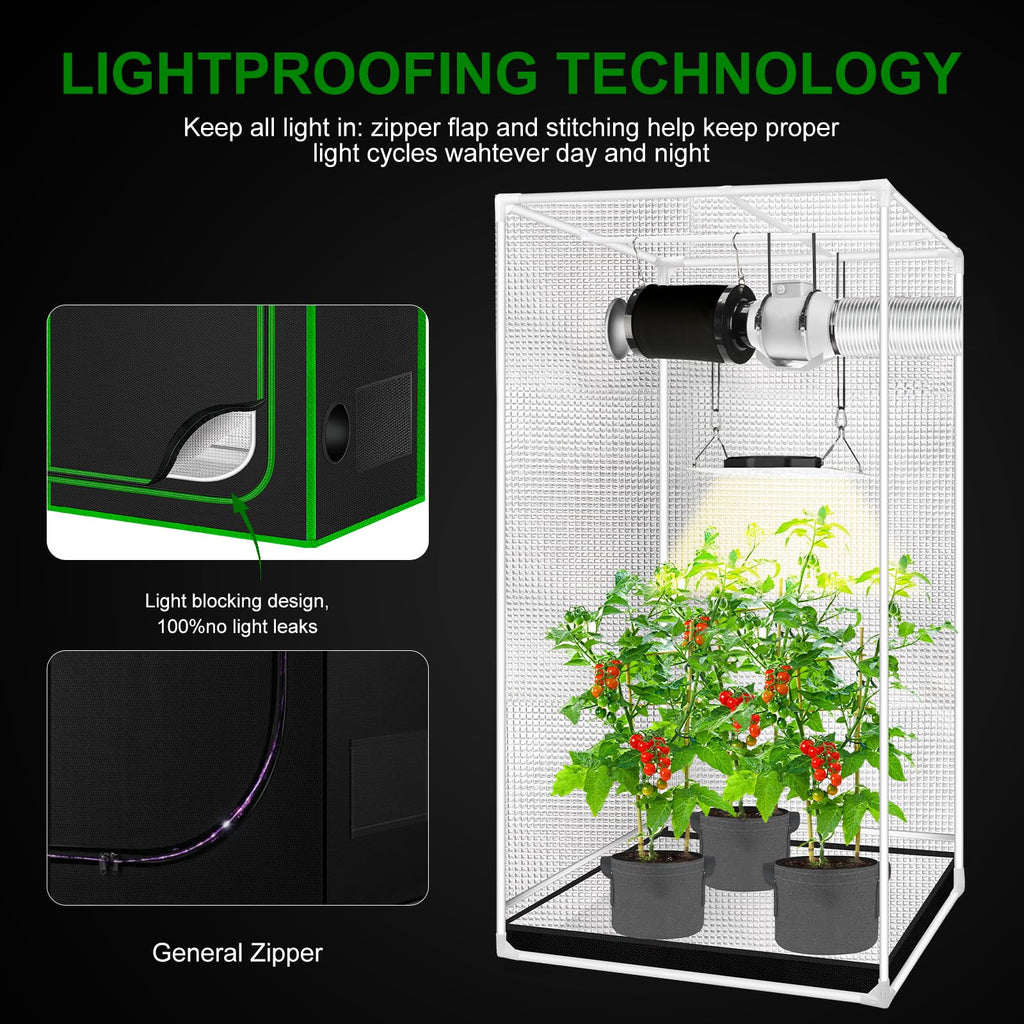 2x2 Grow Tent, 24"x24"x48'' High Reflective 600D Diamond Mylar Canvas with Observation Window and Floor Tray for