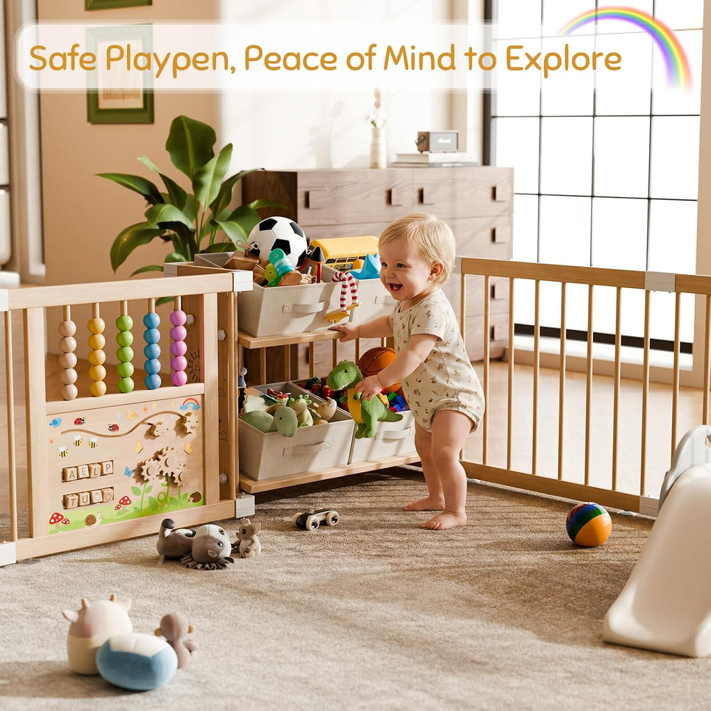 Large Wooden Baby Storage Playpen 9+3 Panels 70.86"×47.24" | Size Adjustable Play Yard for Babies and Toddlers, Baby