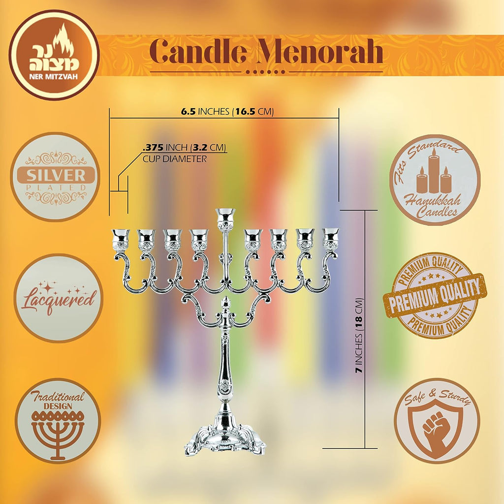 Silver Plated Candle , Fits All Standard Hanukkah Candles - Curved Branches, 7.25 High x 6.5 Wide