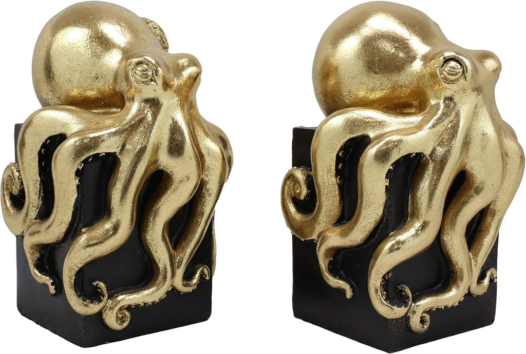 Contemporary Gold Color Octopus Light Duty Bookends Statue Set Nautical Coastal Resin Decorative Office Study-Room