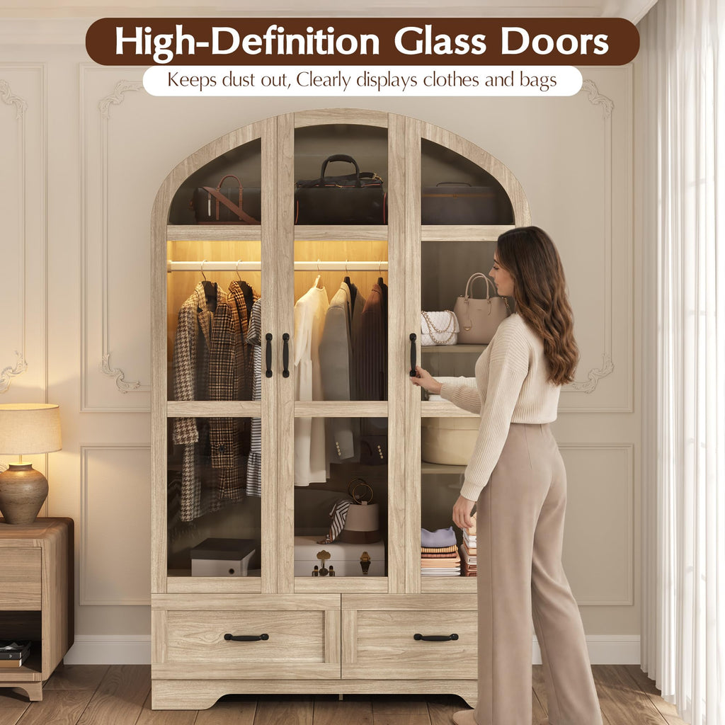 75"Arched Wardrobe Closet with 3 Doors, Bedroom Armoire with LED & Drawers
