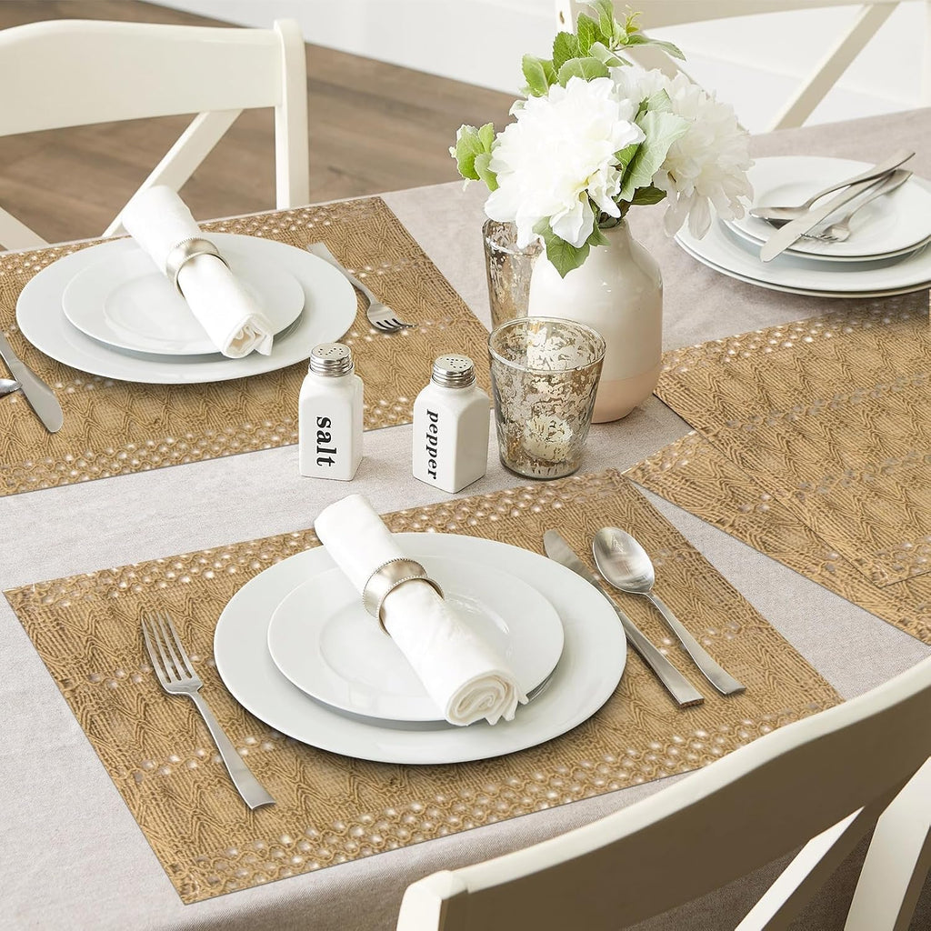 Burlap Placemats, 12x18 Inch Natural Cotton Jute and Kitchen Woven Placemats with Tassels for Dining Table - Set of 6