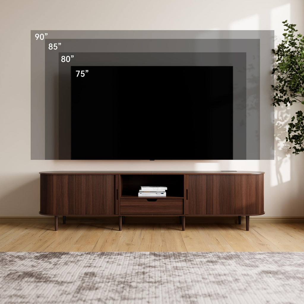 86.6" Fluted TV Stand with Power Outlet for TVs up to 90", TV Console with Adjustable Shelves and Sliding Door, Mid