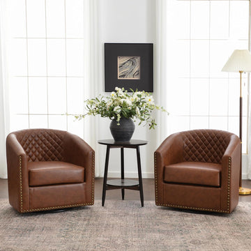 29" W Faux Leather Tufted PU Swivel Barrel Chairs, Brown - Set of 2