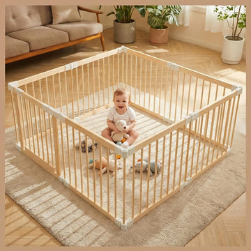 Baby Playpen, Wooden Play Yard with Gate, Playpen for Babies and Toddlers, Baby Activity Center with Child-Proof