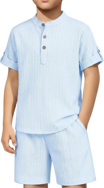 Boys 2 Pieces Set Textured Henley Shirts & Shorts Set