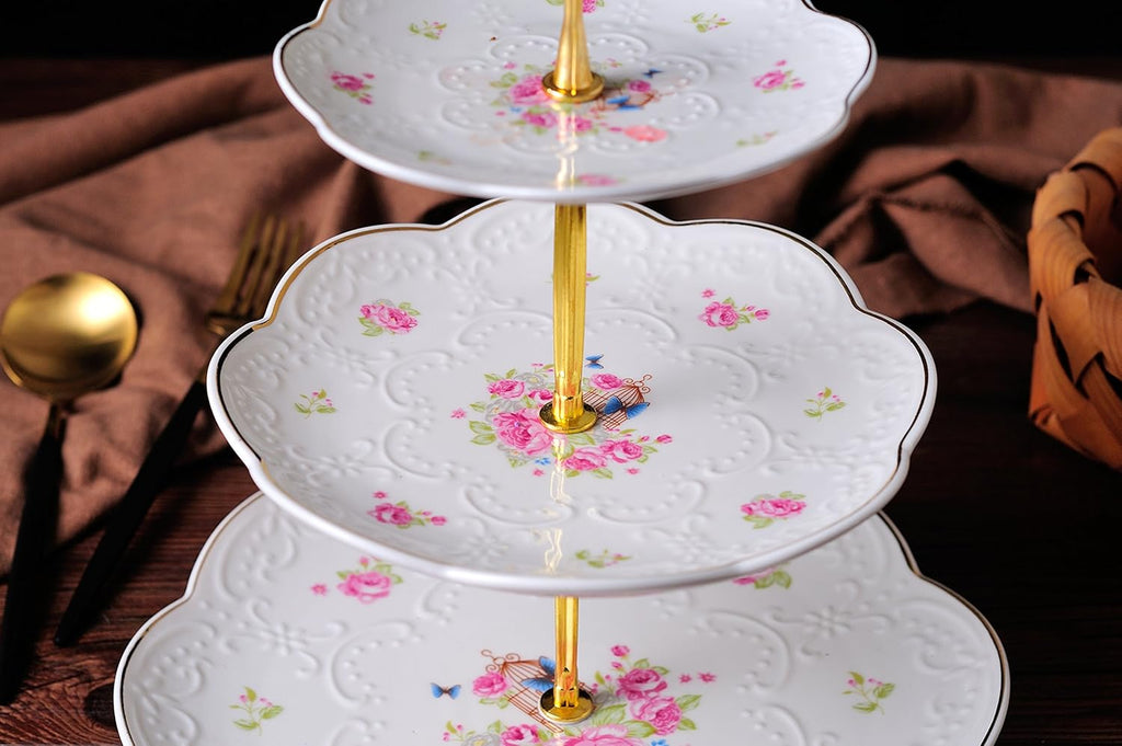 Embossed 3-tier Ceramic Cake Stand- Cupcake Stand with Golden Rim