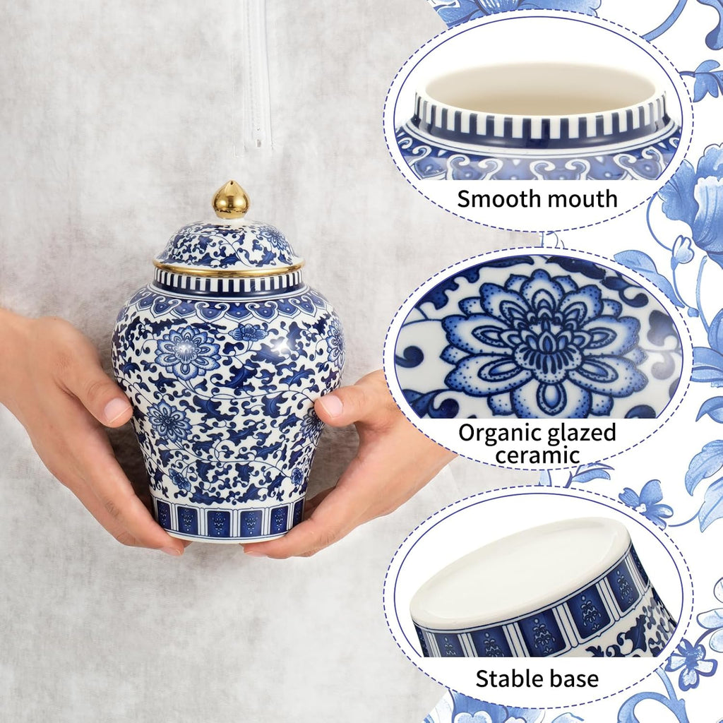 Blue and White Ginger Jar with Gilt Edges, Ceramic Ginger Jar with Lid, Exquisite Floral Patterns Chinoiserie Tea