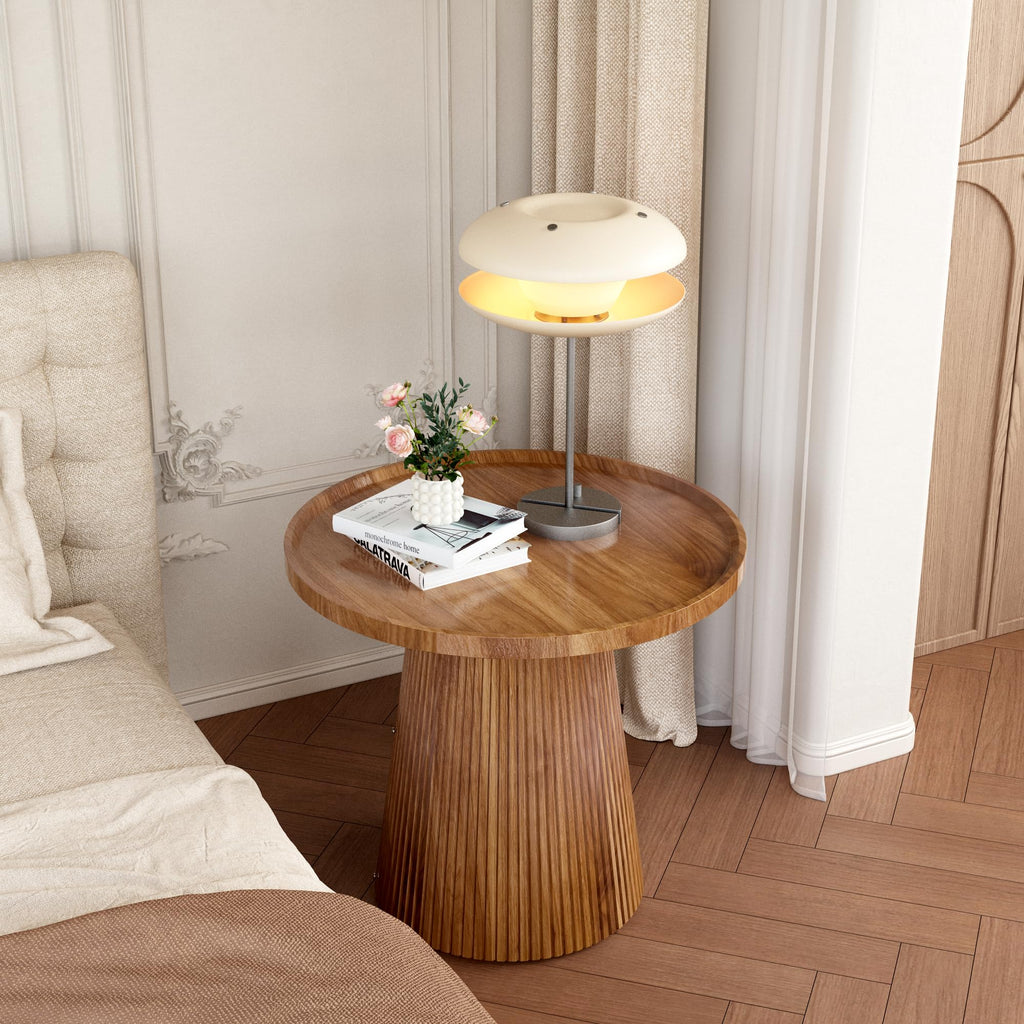 Round Side Table, 23.6'' Fluted Pedestal End Table, Walnut