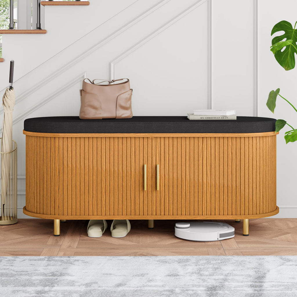 2-Tier Storage Bench, Wide Shoe Bench with Thickened Padded Seat Cushion, Mid Century Modern Fluted Sliding Door and