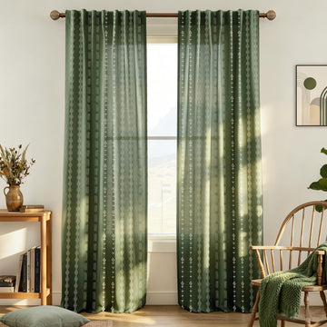 Olive Green Boho Floral Linen Curtains, Vintage Botanical Striped Plaid Pattern Semi Sheer Drapes, Dark Cottagecore
