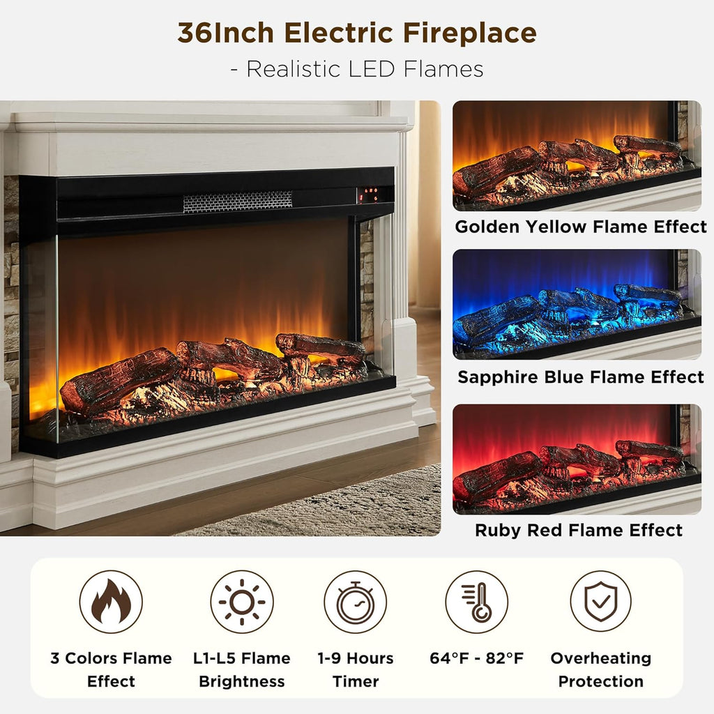 52 Inch Electric Fireplace with Mantel, Fireplace TV Stand with 36" 3-Sided Glass Electric Fireplace Heater for