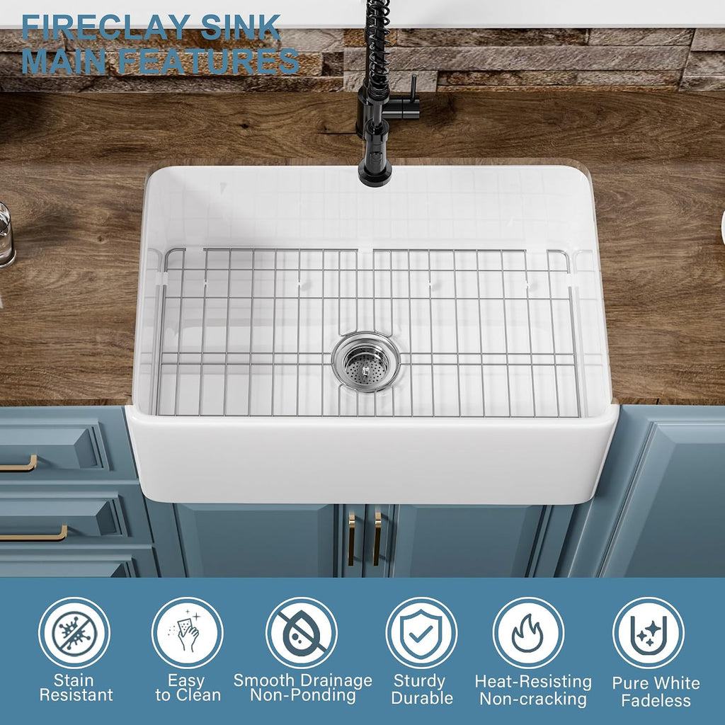 27" x 18" Fireclay Apron Front Farmhouse Sink White | Small single bowl farm style or laundry, Easy to clean