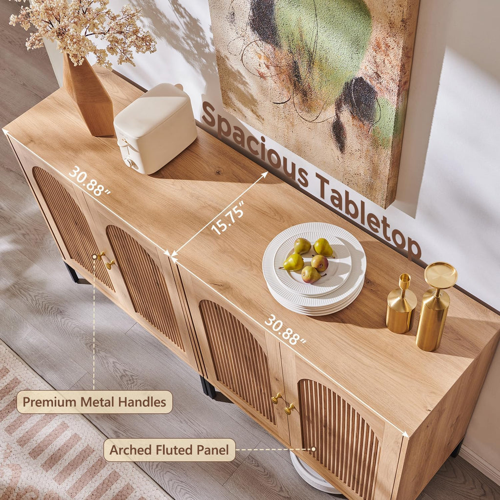 Modern Buffet Cabinet with Storage, 61.75" W Fluted Arched Sideboard Cabinet w/Adjustable Shelves