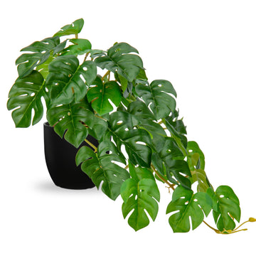 Fake Plants Indoor 8 Inch Artificial Monstera Plant in Black Plastic Pot - Faux Potted Tropical Palm Plant Aesthetic
