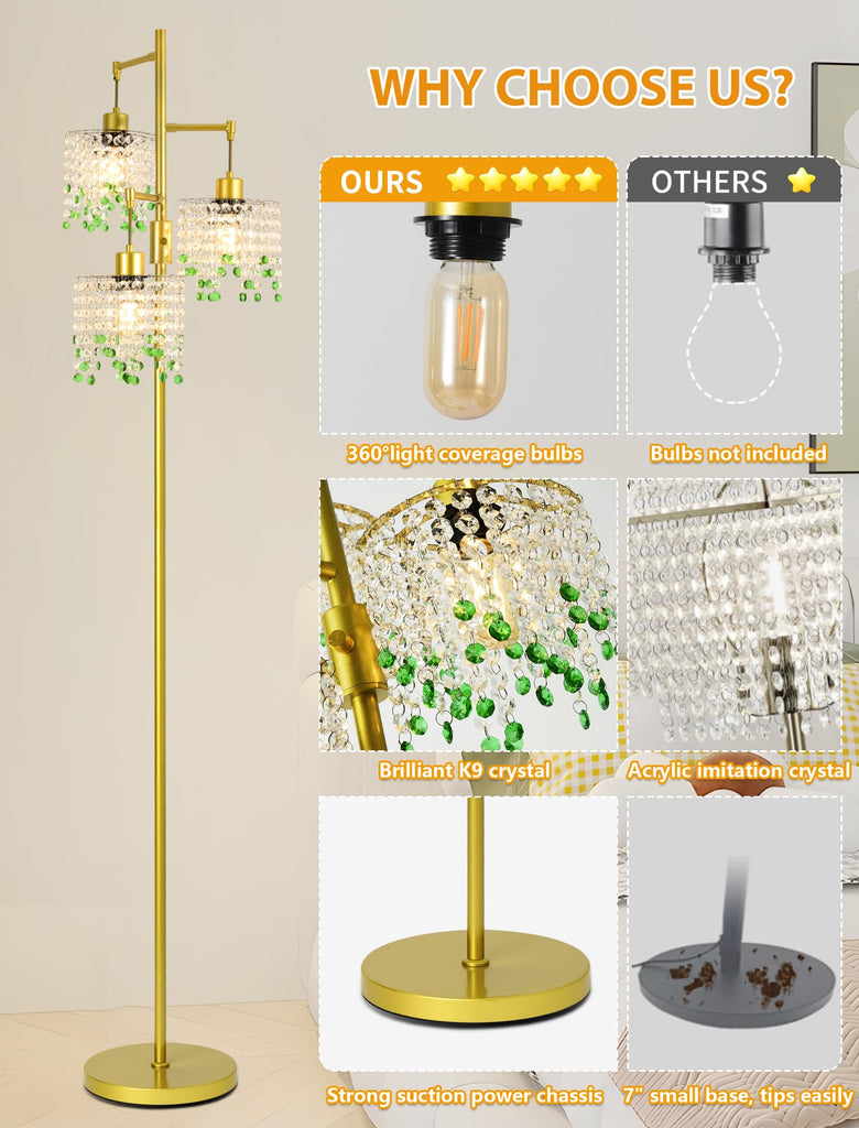 64" Crystal Floor Lamp with 3 Lights, Elegant Crystal Floor Lamp, Modern Standing Lamp, Gold Metal Base, K9 Crystal