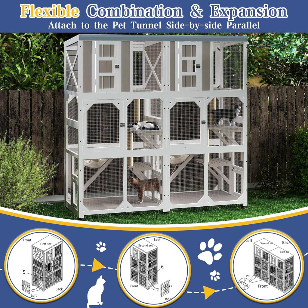 63.5" H Window Catio Outdoor Cat Enclosure with Wheels, Expandable Design