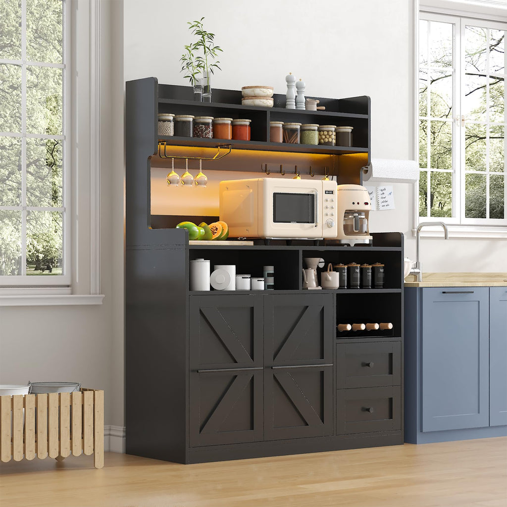 Hutch Storage Buffet Cabinet with Drawers, and Charging Station, Coffee Bar Cabinet with Barn Doors, Wine Rack and