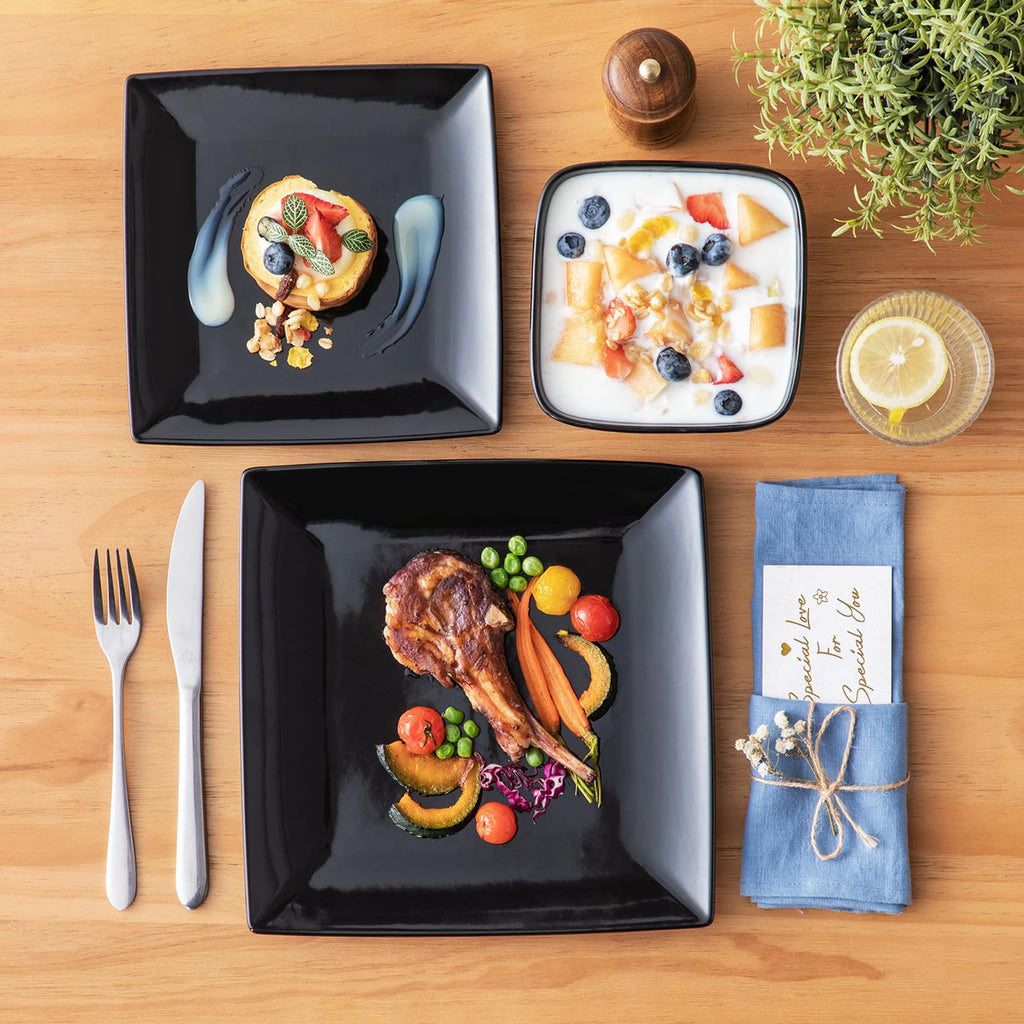 Soho Dinnerware Sets 12 Pieces, Black Stoneware Square Place Setting, Plates and Bowls Sets, Dinner Plate, Dishes Set