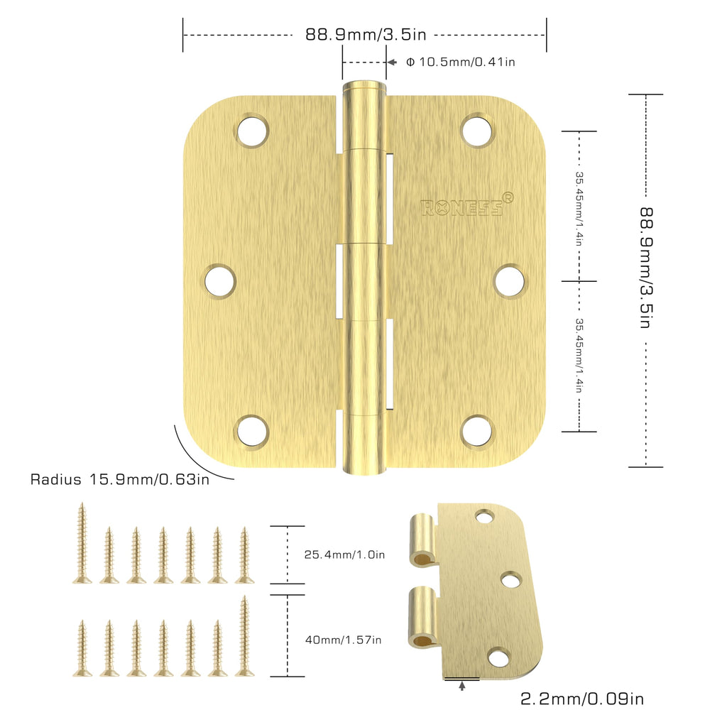 24 Pack Brushed Gold Door Hinges 3.5 Inch, 5/8" Radius Rounded, Standard Residential for Doors, Sturdy Hinges