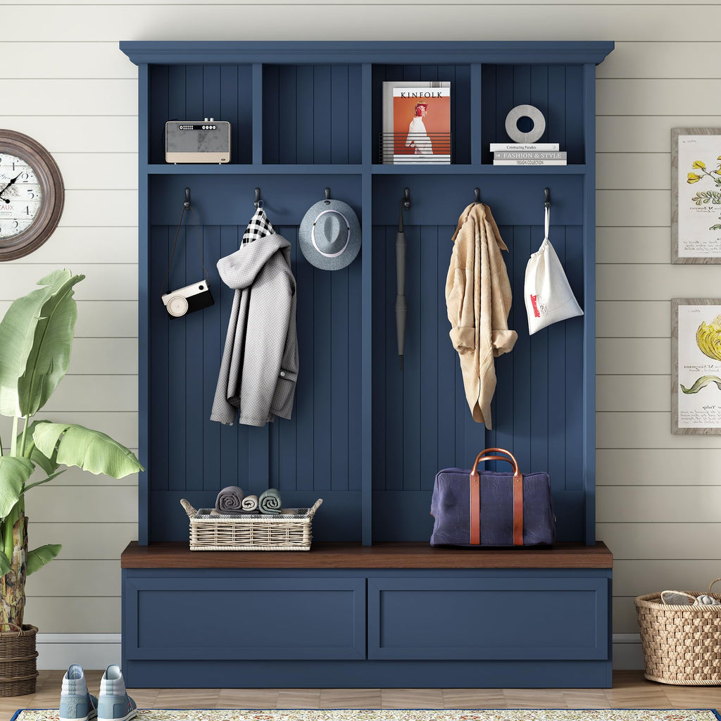Farmhouse 4-in-1 Hall Tree with Bench and Storage, 55.9 Coat Rack with 6 Hooks, 2 Large Drawers and 4 Open Cubbies