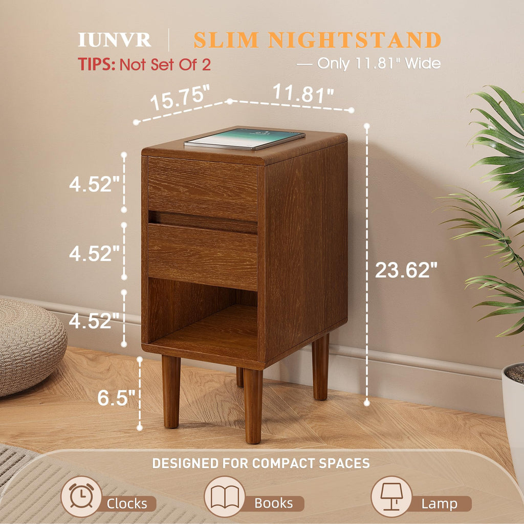 Narrow Nightstand 2 Drawers with Open Shelf Narrow Night Stand Solid Wood Bedside Table Mid Century Modern Nightstand