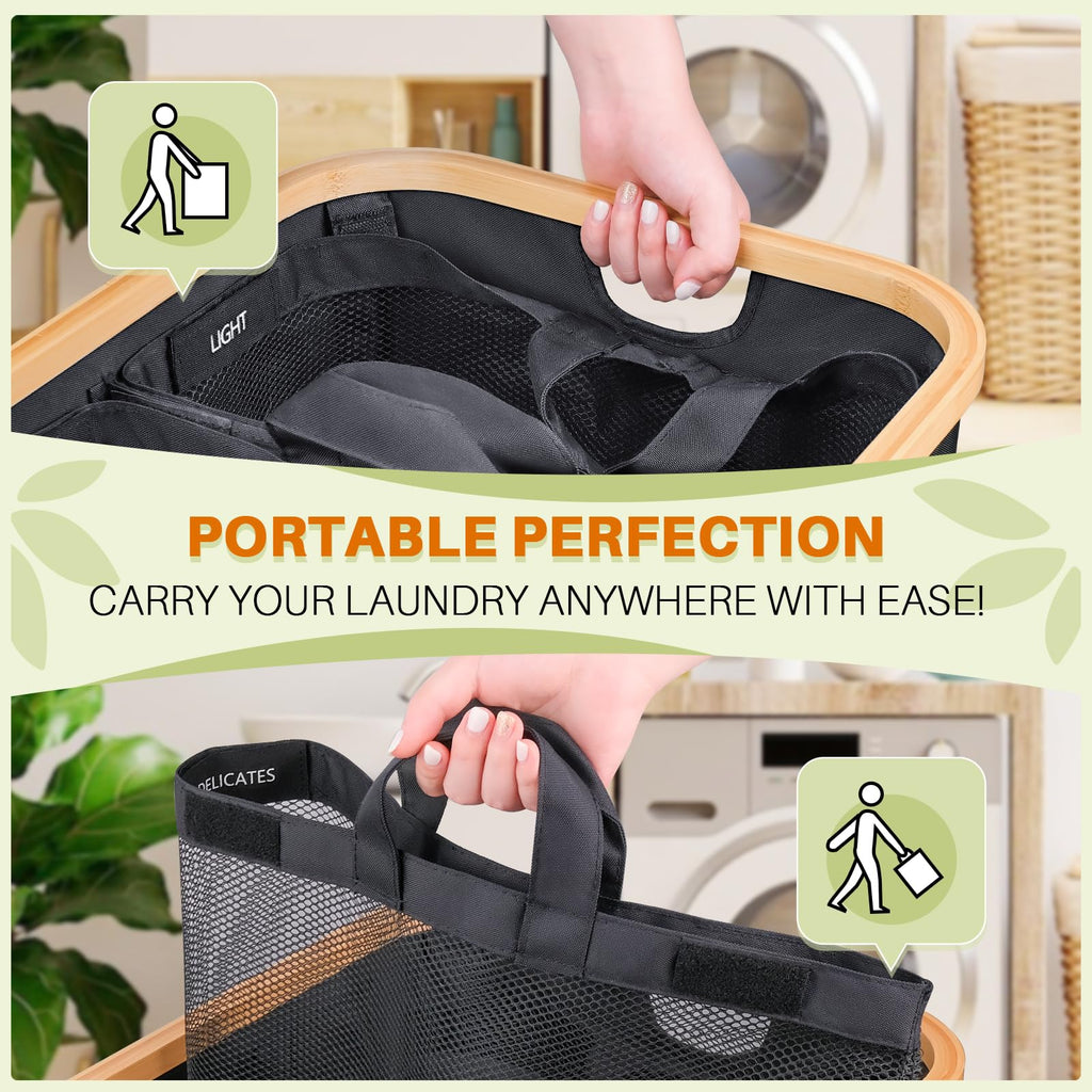 145L Laundry Hamper with Lid, 3 Section Laundry Basket with 3 Removable Bag
