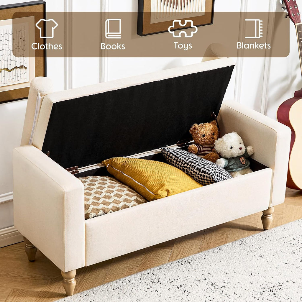 Large Storage Ottoman Bench, 45.7" Linen Upholstered Entryway Bench with Solid Wood Legs, End of Bed Bench, Shoe