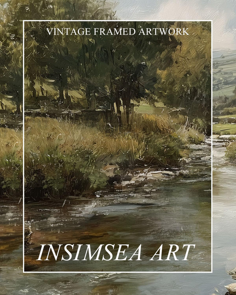 Extra Large Framed Vintage Wall Art, River Rolling Hills, 20x40inch