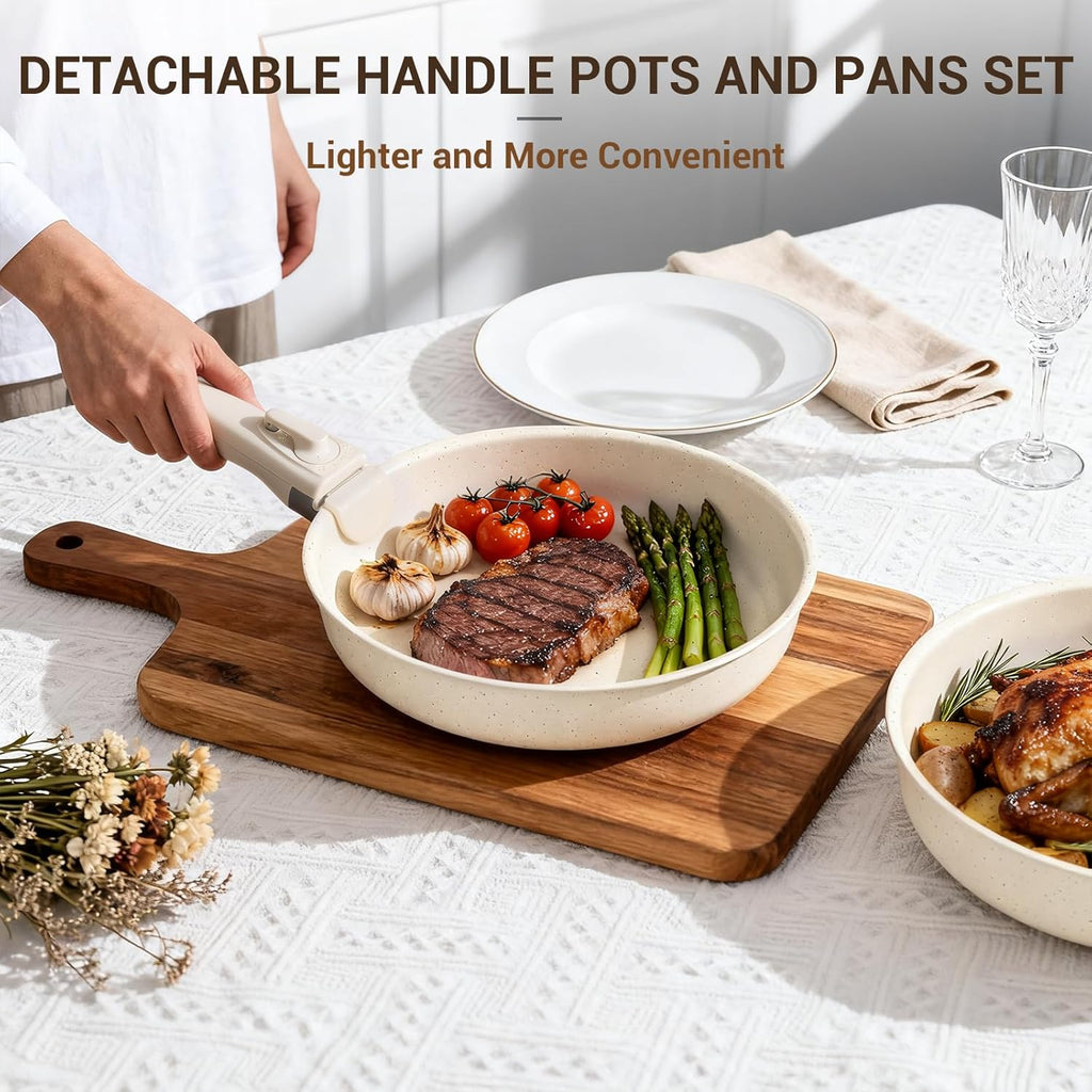 Pots and Pans Set Non Stick, Ceramic Cookware Set with Removable Handles, Stackable Space Saving Kitchen Set