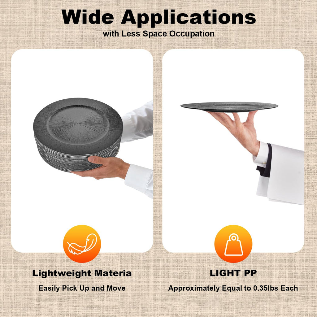 13 Inch Round Charger Plates Bulk 100 Pcs Black Elegant Serve Ware Charger Plates Matte Surface Reusable Plastic