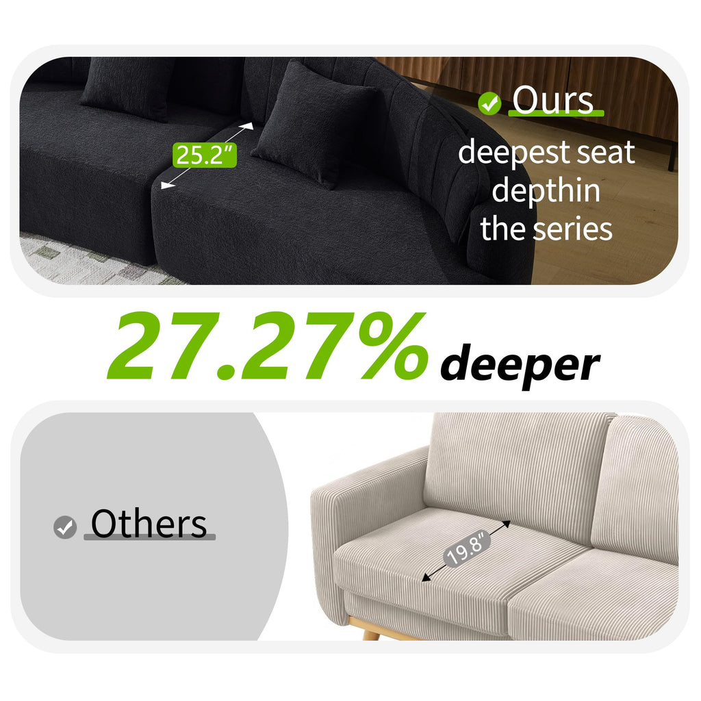 108"Curved Sectional Sofa, Deep Seat Black Couch with 2 High Back