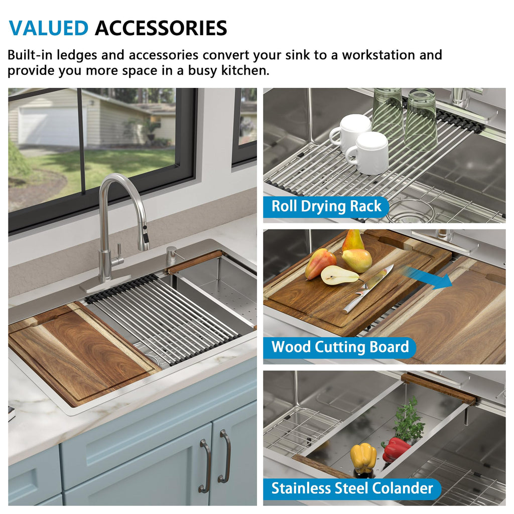 36"x22" Drop In Ledge Workstation Kitchen Sink