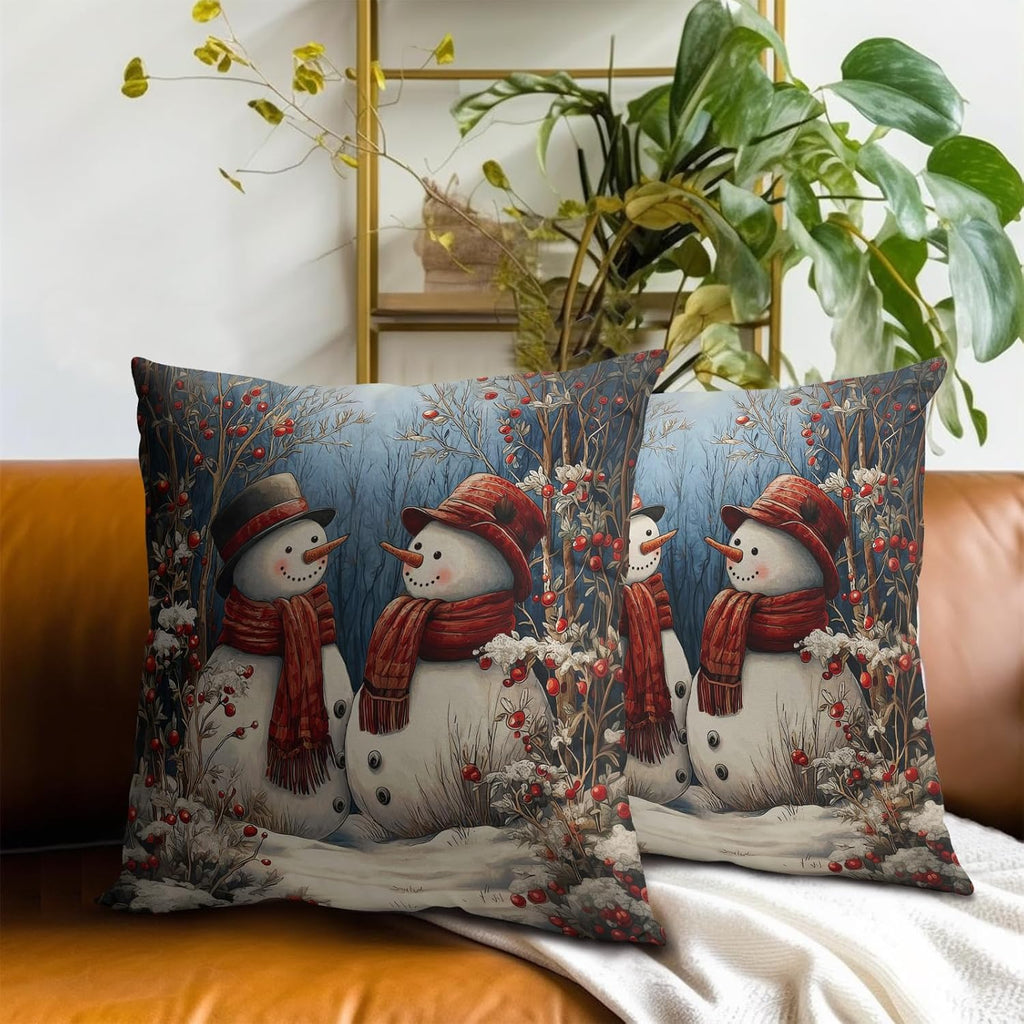 Winter Snowman Pillow Covers, Xmas Tree Red Berry Cotton Pillowcases 18x18 Inch, Snow Scene Double Sided - Set of 2