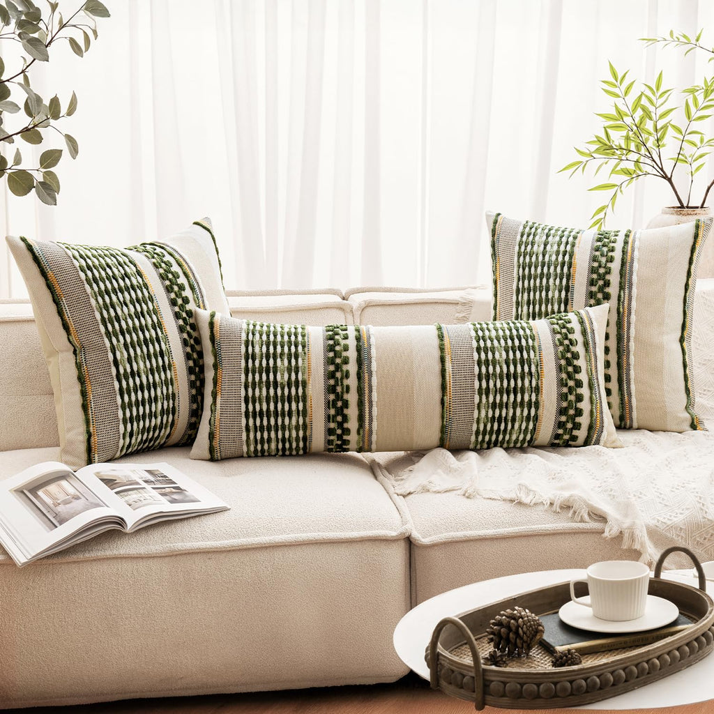 Boho Decorative Pillow Covers Olive Green Stripe 14x36 Pack of 1