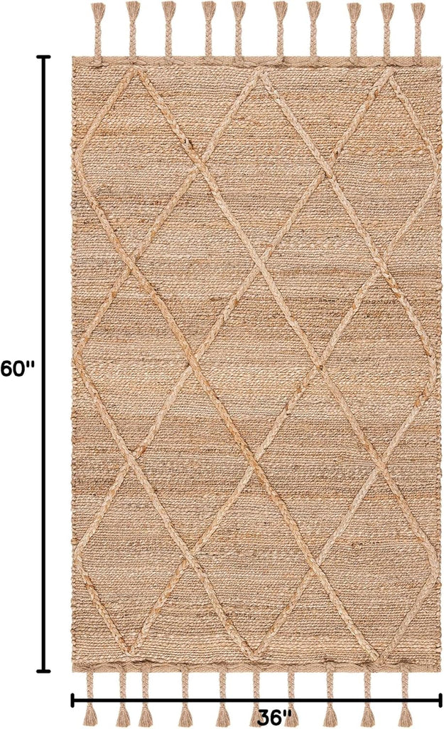 Natural Fiber Collection Accent Rug, Natural, Farmhouse Rustic Moroccan Trellis Braided Tassel Jute Design