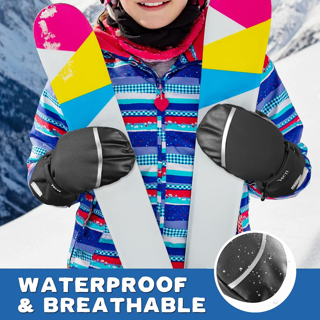 Kids Mittens, Waterproof Winter Warm Sherpa Ski Mittens with String
