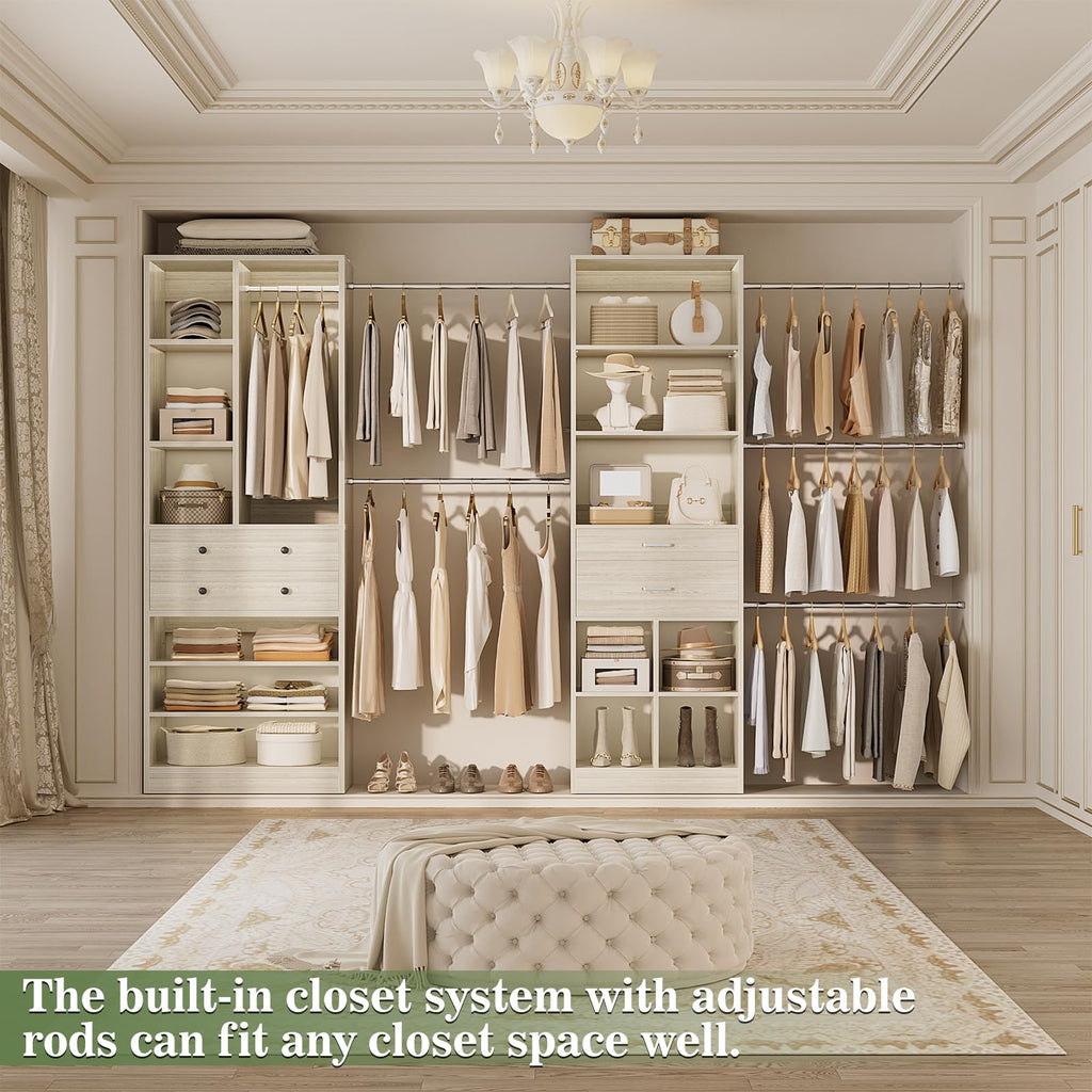 Closet System, Up to 128.6"/10.7 FT Closet Organizer with 4 Wooden Drawers and Shelves, Walk-in Closet System with 6