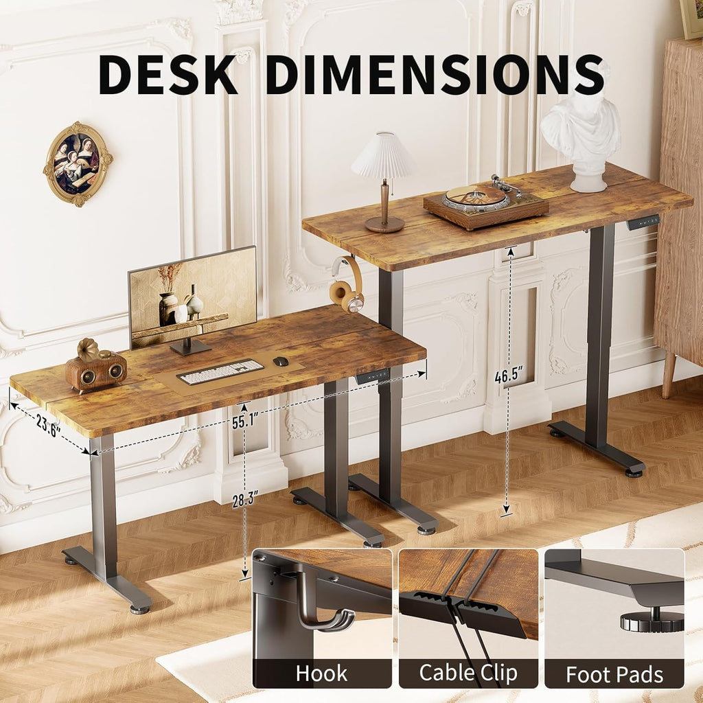 55 Inch Large Electric Standing Desk, Gaming Table, Brown | Height Adjustable Sit Stand Up Computer Tables , Study