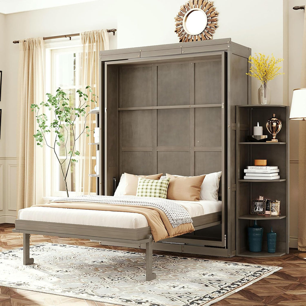 Full Murphy Bed with Convertible Desk&Dual 3-Tier Side Shelves&Extra Storage Racks, Wooden Rotating Hidden Wall