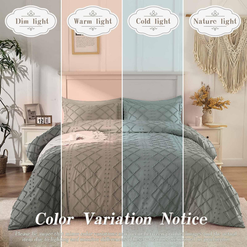 5PCS Light Grey Boho Tufted Duvet Cover King Size, Zipper & Ties