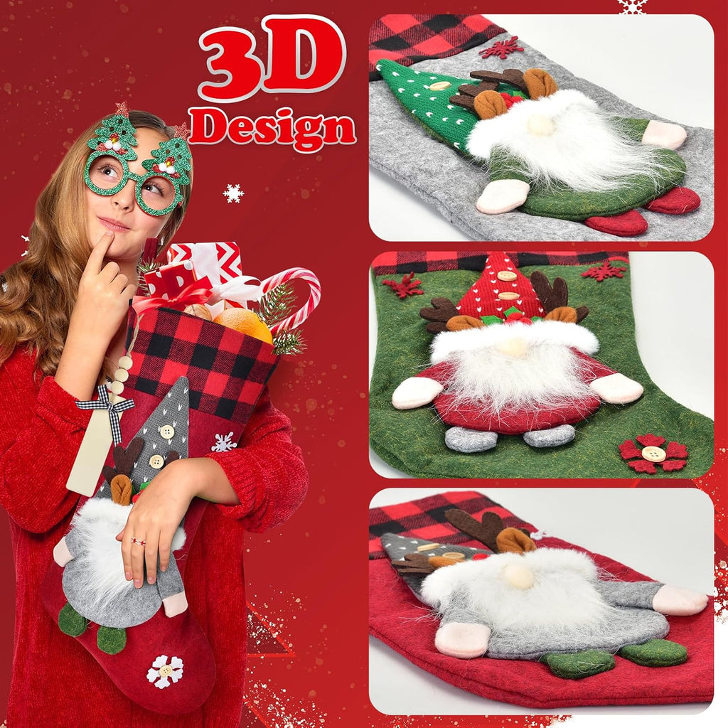 19.7 Inch Christmas Gnomes Stockings with Names Tags, 3D Embroidered Snowflakes Large Christmas Stockings Set of 3