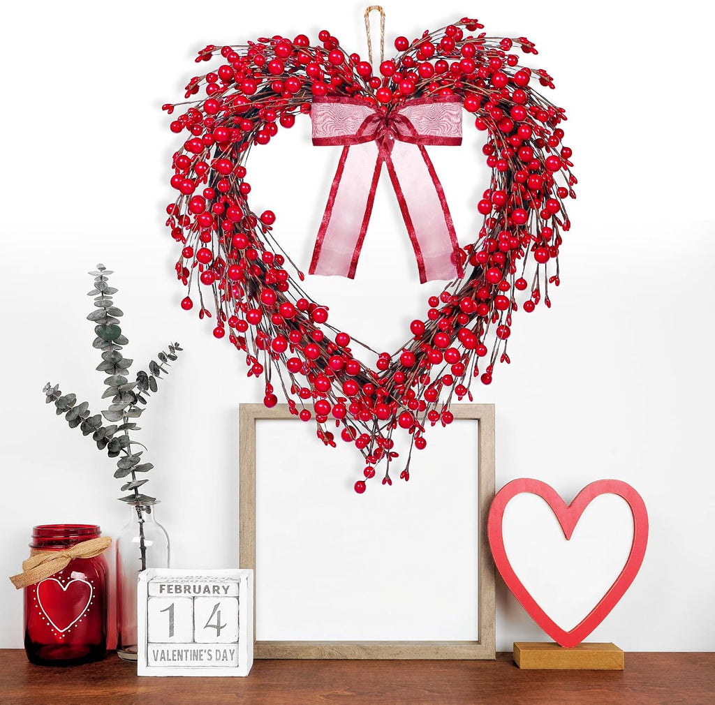 16in Valentine's Day Heart Wreath with Red Berries Red Heart Wreaths Handmade Valentines Day Wreath Rustic Twig