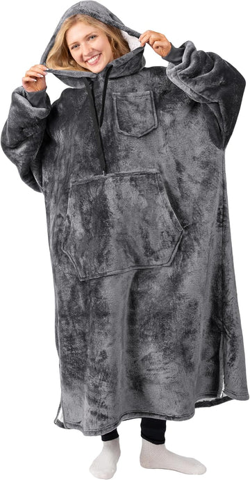 Blanket Hoodie for Women Grey, Sherpa Wearable Blanket Men, Cozy Oversized Sweatshirt Blanket, Warm Fleece Hooded