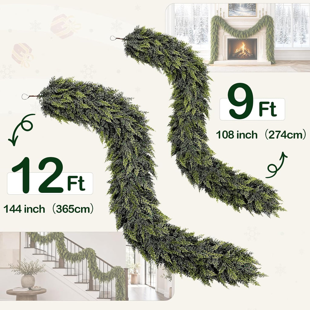 9 FT Christmas Cedar Garland, Real Touch Artificial Greenery, Mantel Decor