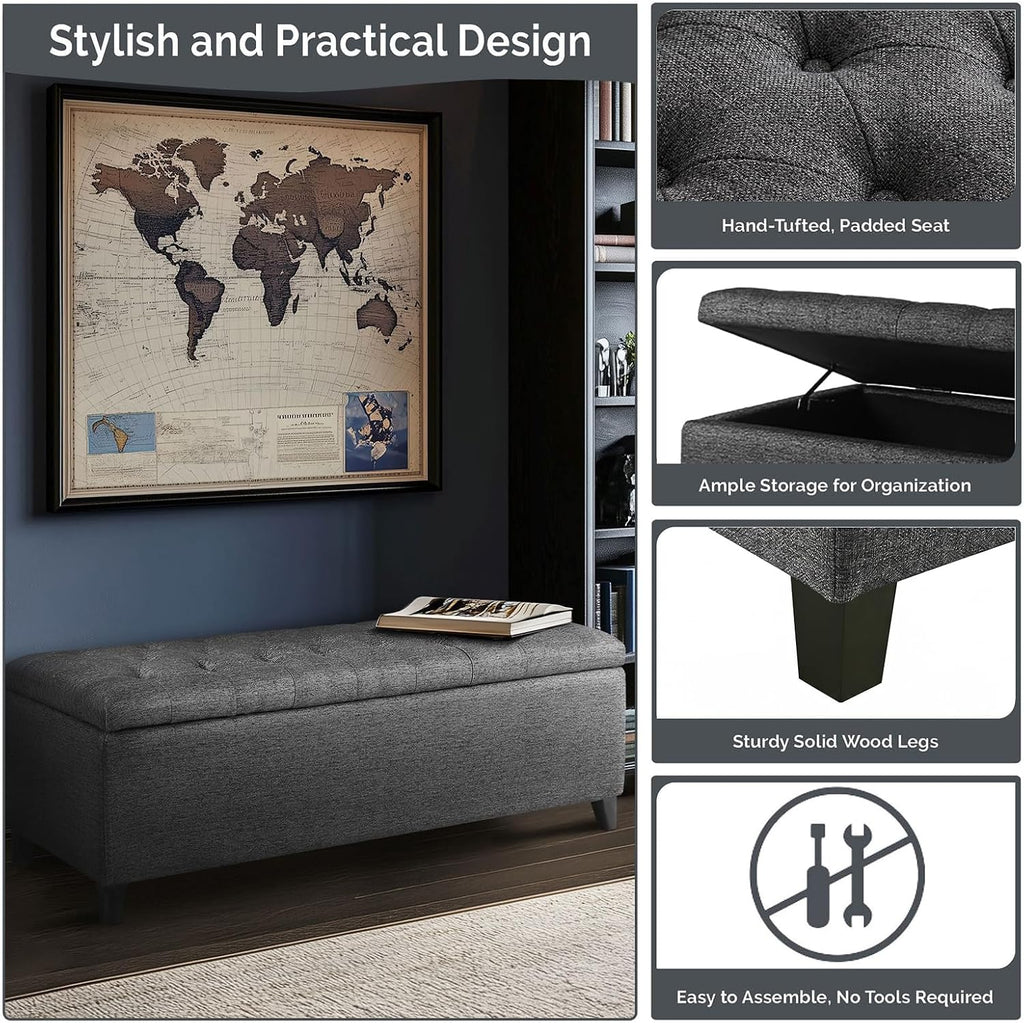 49" Upholstered Storage Bench, Button Tufted End of Bed Bench with Storage, Dual Spring Soft-Close Lid, Bedroom Bench