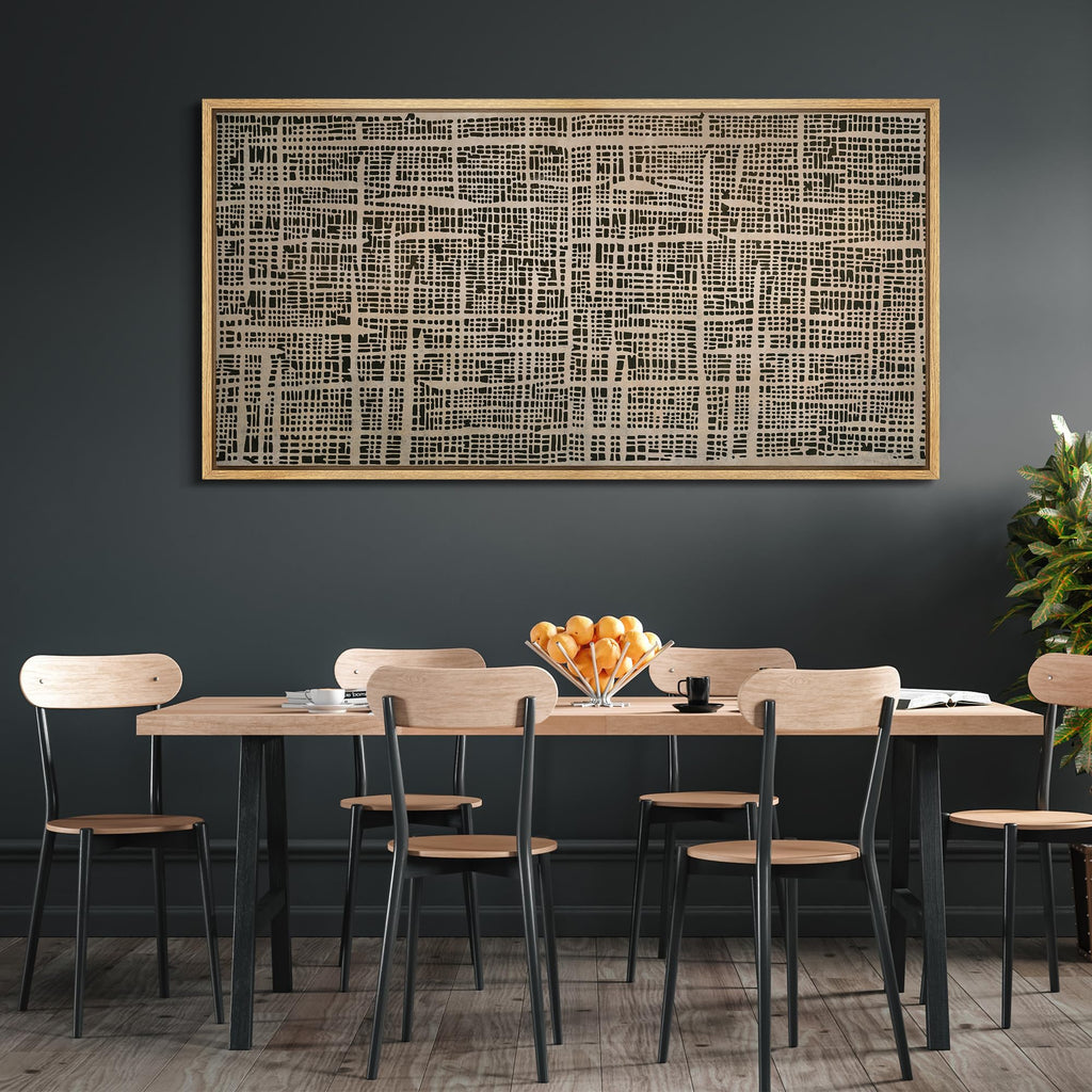 Extra Large Framed Canvas Print Wall Art Modern Geometric Grid Abstract Black and Beige Contemporary Illustrations