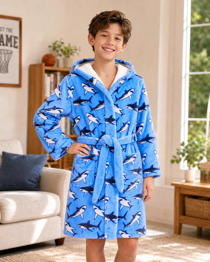 Boys Fleece Robe Kids Flannel Warm Hooded Bathrobe Soft Sleepwear